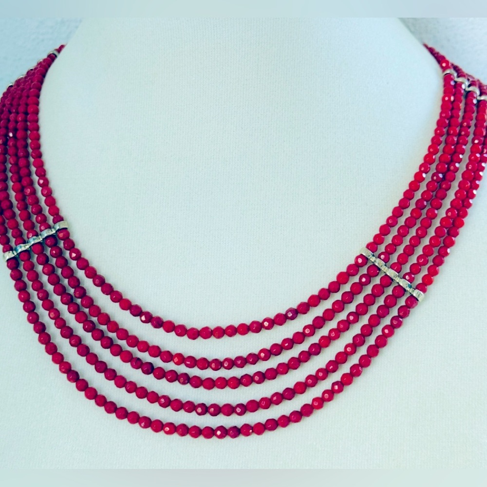 VTG Jay King DTR 5 Strand Faceted Red Coral Necklace with Sterling